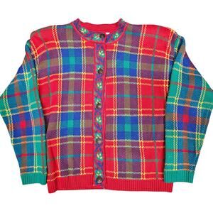 Picone Sport Plaid Button Down Sweater 100% Cotton Women's Petite SP Outerwear